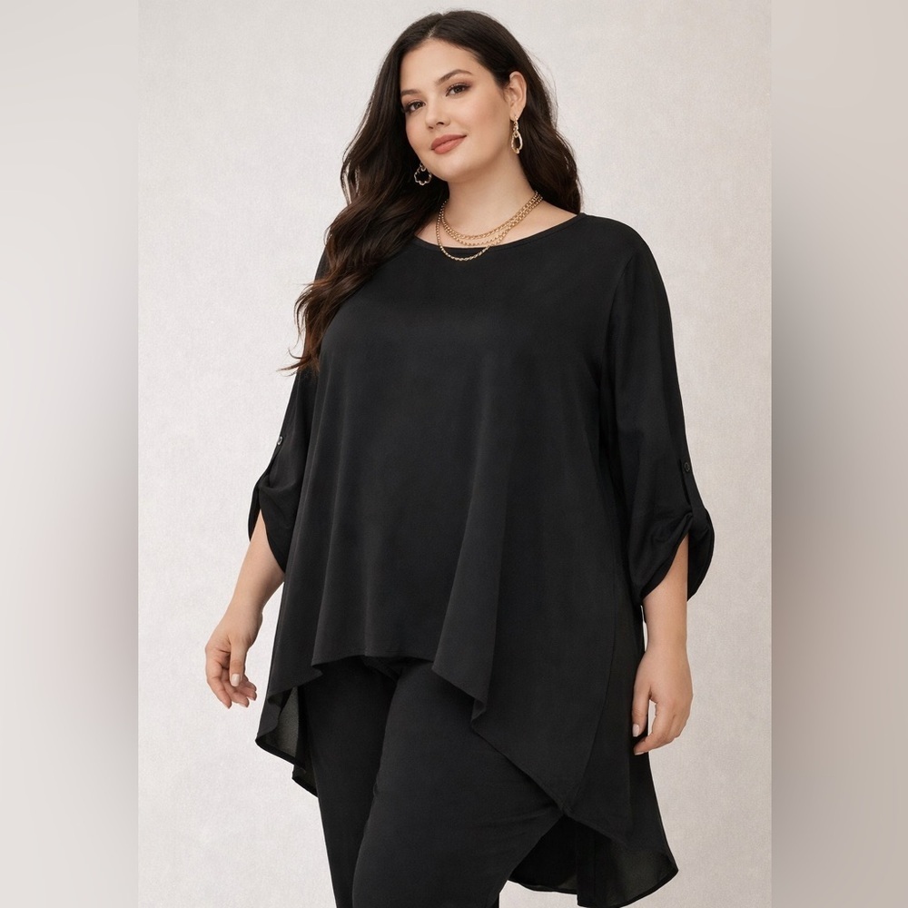 Kenneth Cole Reaction Black High Low Blouse 3X Keyhole Back Asymmetrical Tunic